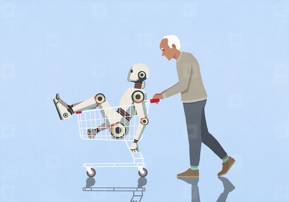 Senior man pushing humanoid robot in shopping cart