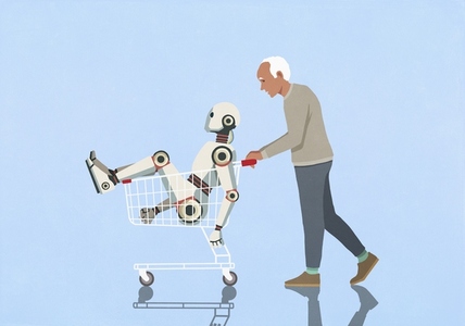 Senior man pushing humanoid robot in shopping cart