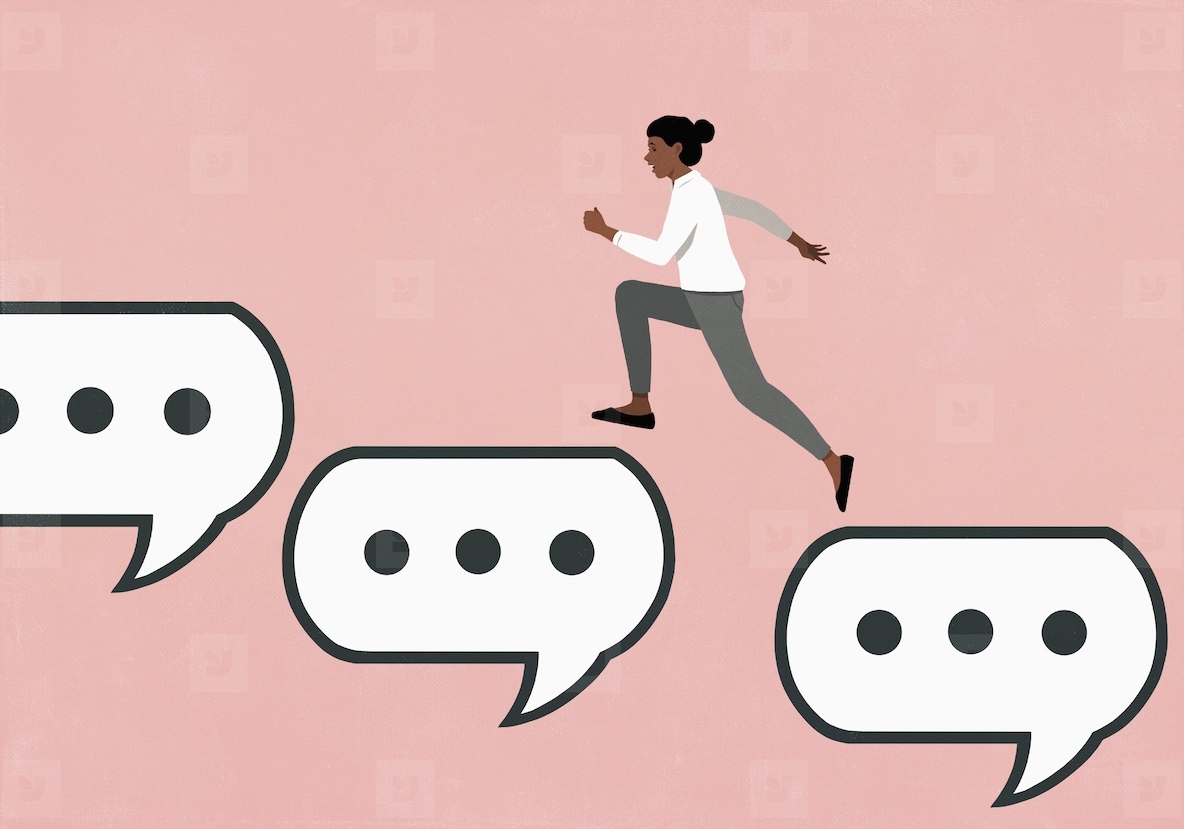 Woman running up text message speech bubbles