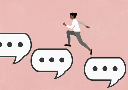 Woman running up text message speech bubbles Woman running up text message speech bubbles
