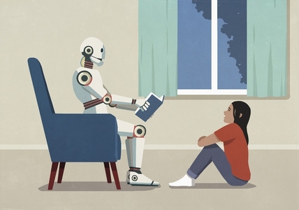 Humanoid robot reading book to girl in living room Humanoid robot reading book to girl in living room