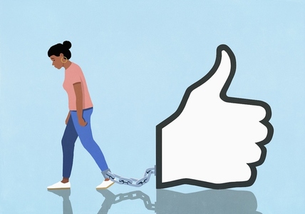 Large thumbs up icon shackled to ankle of dejected woman Large thumbs up icon shackled to ankle of dejected woman