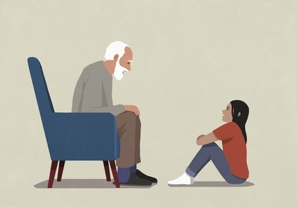 Senior grandfather talking face to face