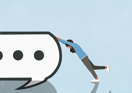 Girl pushing large text message speech bubble Girl pushing large text message speech bubble