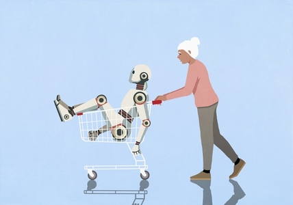 Senior woman pushing humanoid robot Senior woman pushing humanoid robot