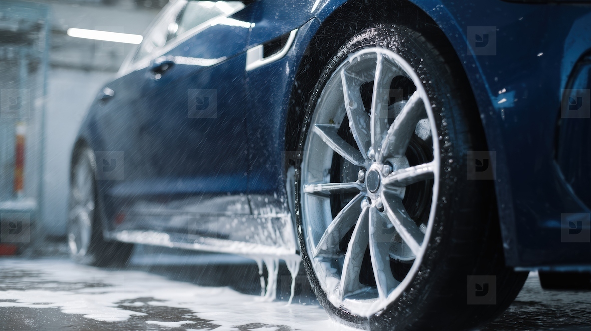 Close Up Luxury Car Wheel Washing In Water Spray At Car Wash Photo ...