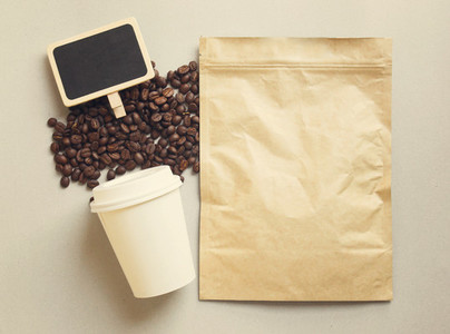 Bag of coffee and blackboard