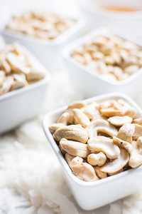 White Bowls full of cashew nuts