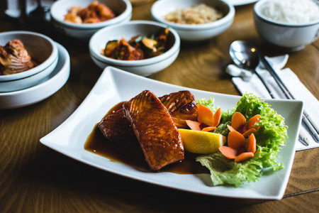 Salmon steak and korean foods