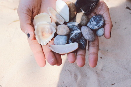 Stones and shells in hands