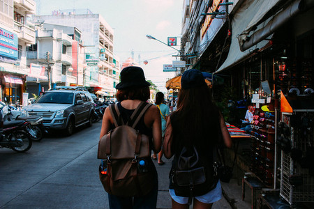 Young girls walking in town