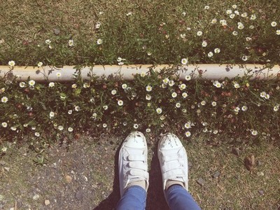 Standing on grass with daisys