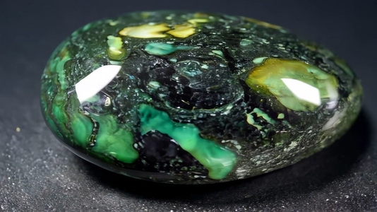 Close up of a polished green and black Kambaba Jasper gemstone
