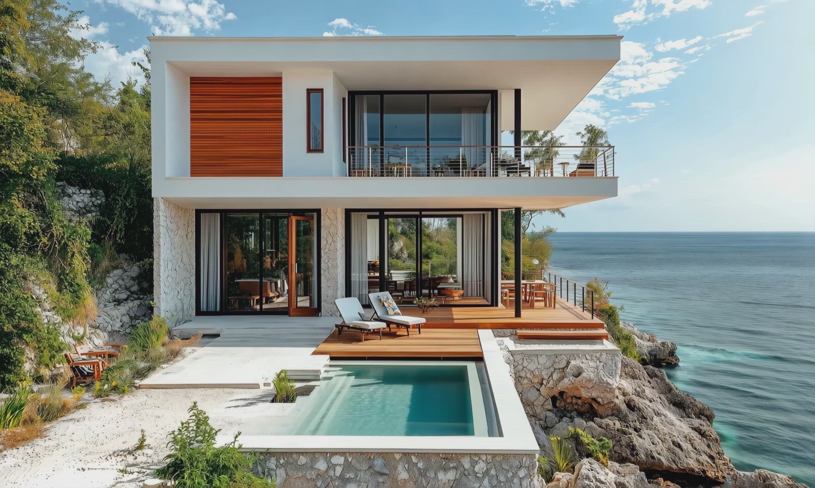 Modern luxury villa with ocean view, featuring a pool