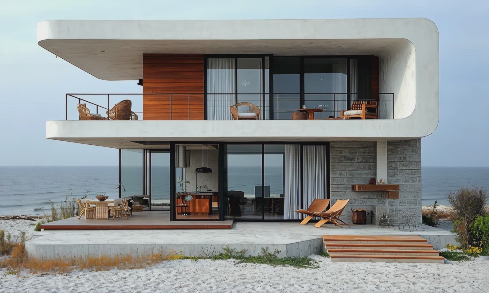 Modern beachfront house with large minimalist windows