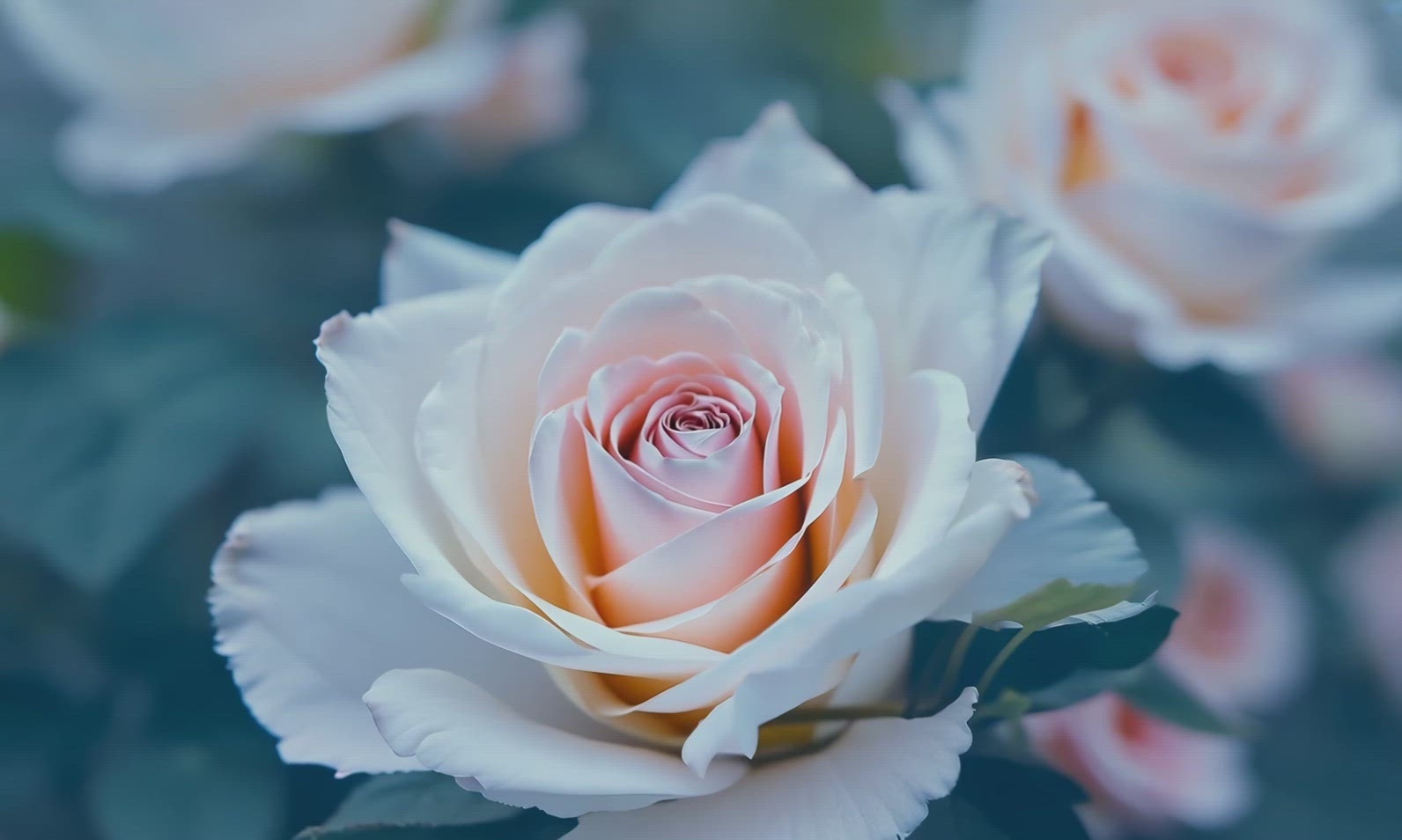 Close-up of a delicate white rose with soft pink hues