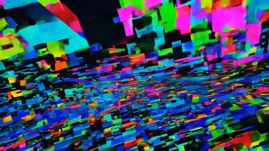 An abstract glitch digital art piece featuring vibrant colors