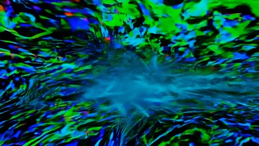 An abstract digital glitch artwork featuring a vibrant mix