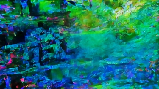 An abstract digital glitch artwork featuring a chaotic blend