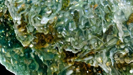 Close up view of a green moss agate mineral with shiny