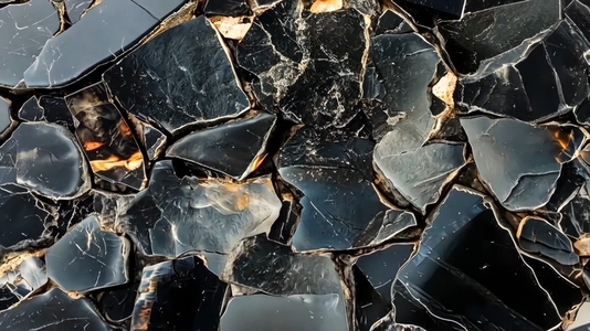 Shattered black Obsidian glass pieces with reflective surfaces