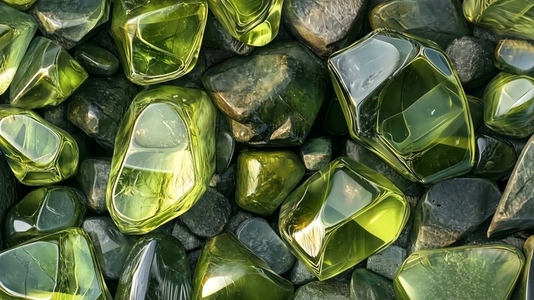 A close up view of various green Olivine gemstones and crystals