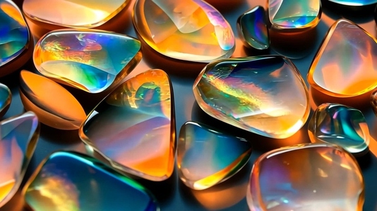 A collection of colorful  polished Opal gemstones with iridescen