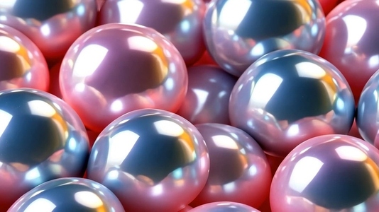 Shiny pink and silver pearls arranged closely together