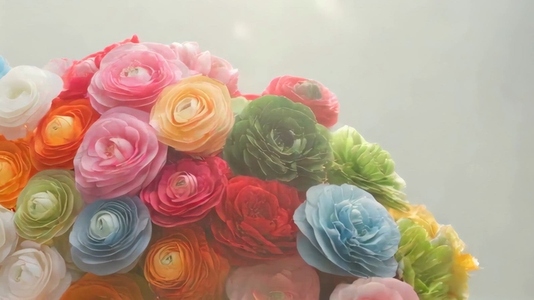 A vibrant bouquet of colorful ranunculus flowers against a soft