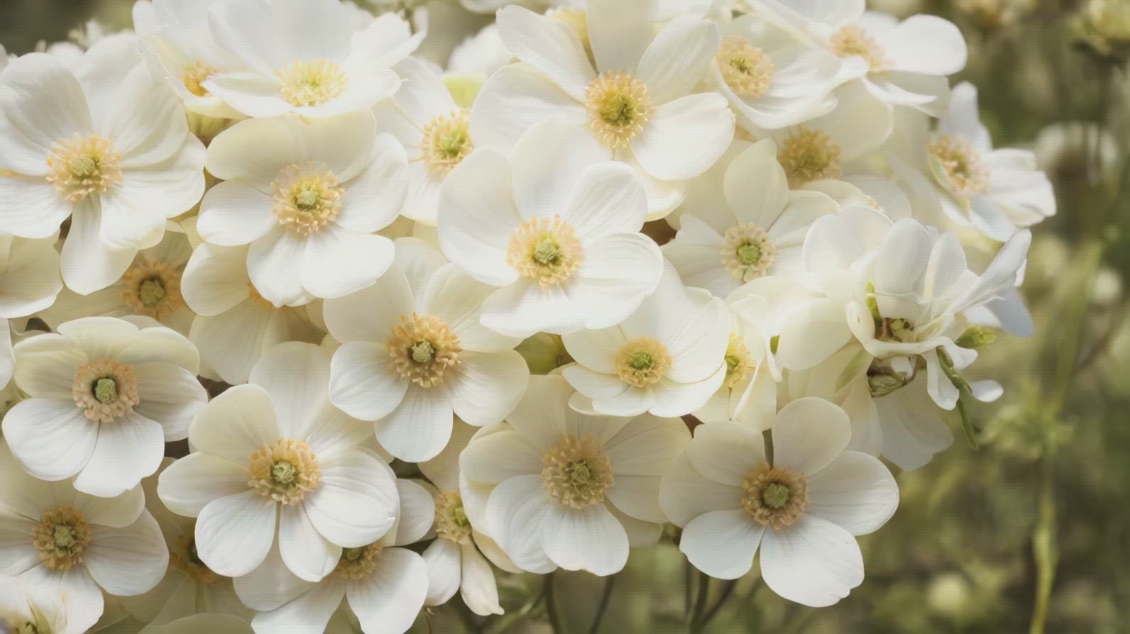 A close-up view of delicate white Anemone flowers with yellow.