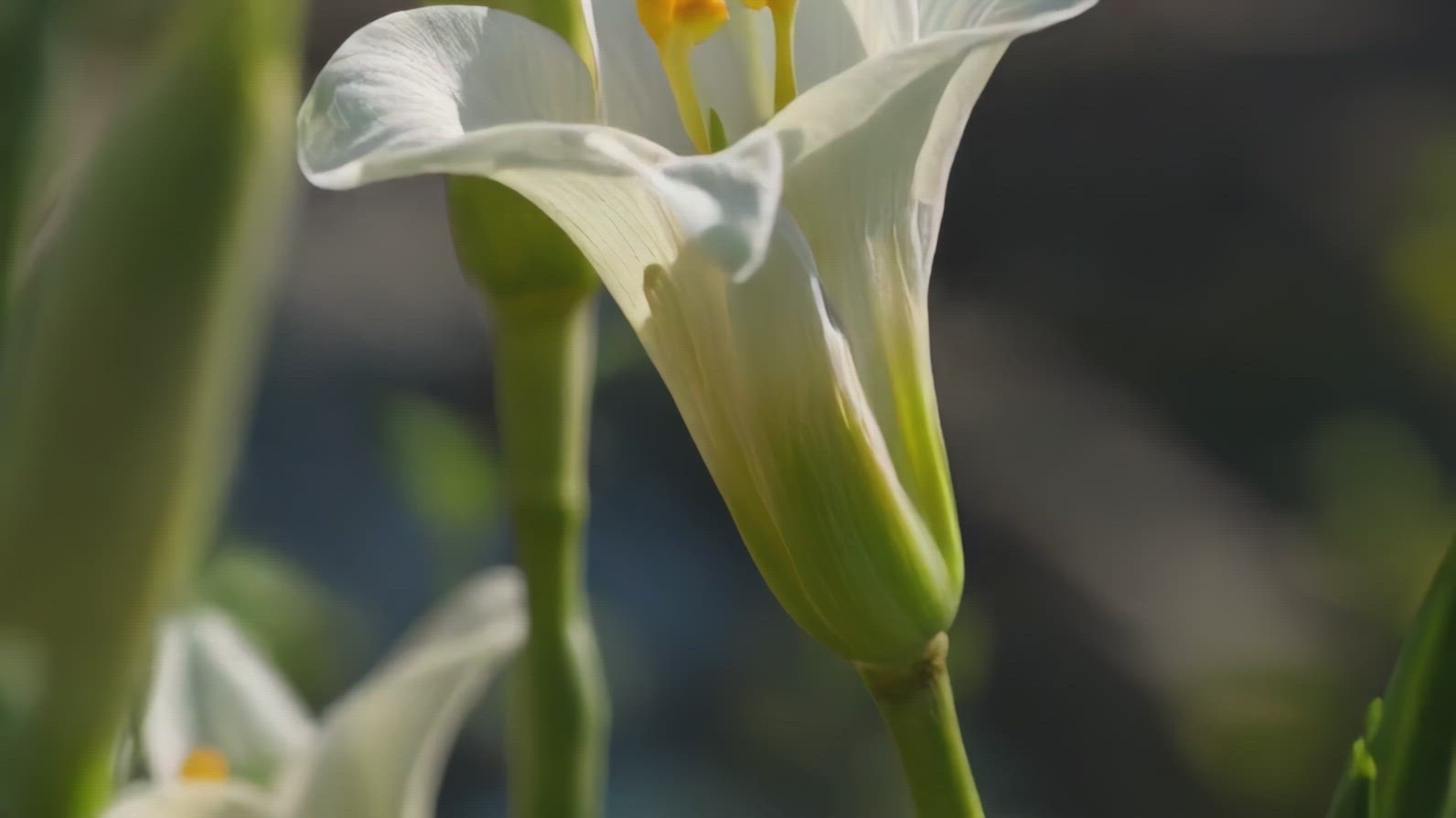 A close-up of a white lily flower with yellow stamens.