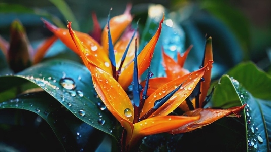 A close up of a vibrant orange and blue Bird of Paradise flower