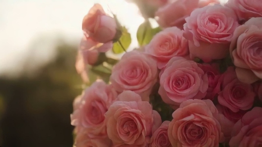 A close up of a bouquet of pink roses in soft natural light