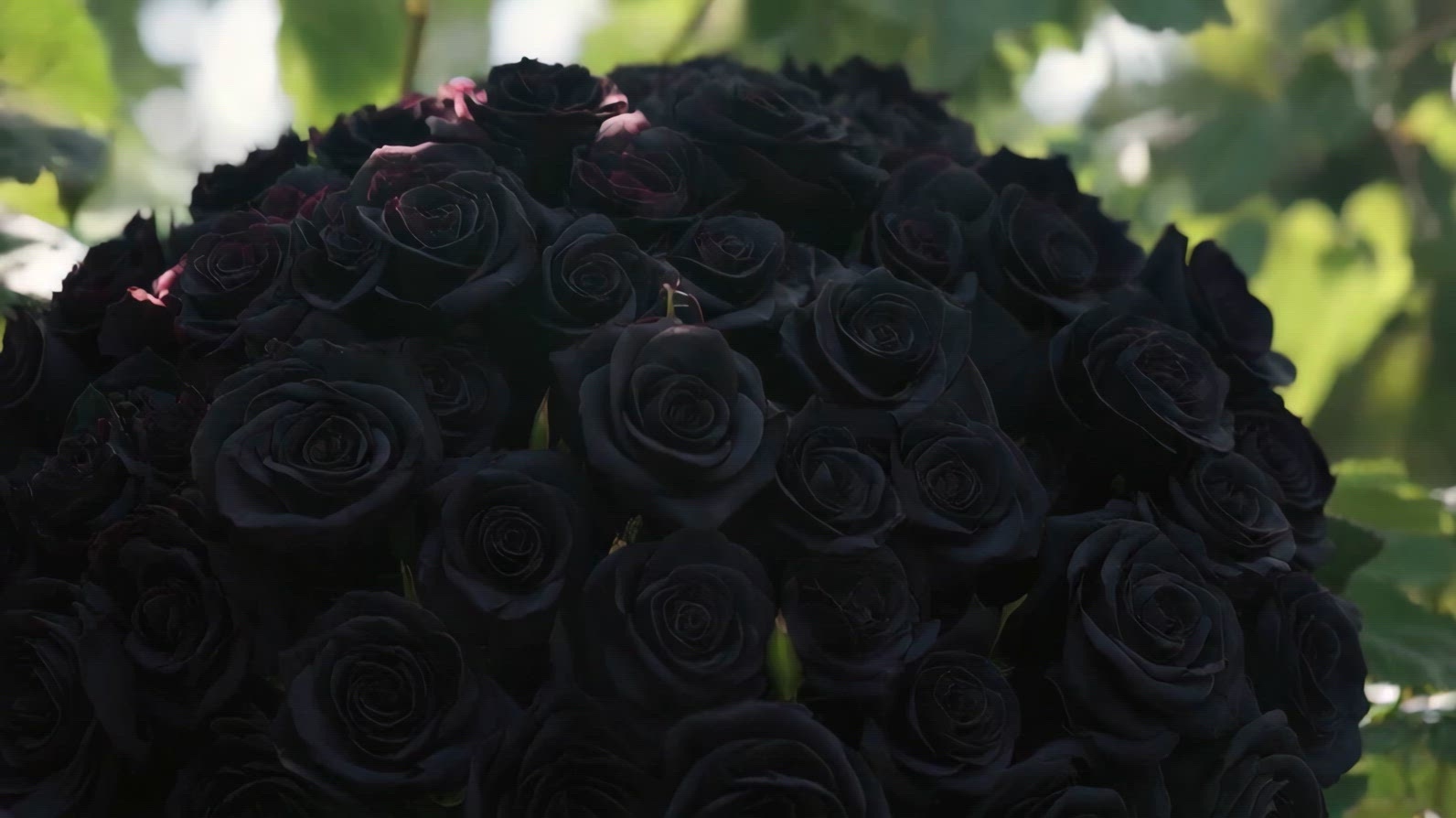 A bouquet of black roses surrounded by green leaves in natural l