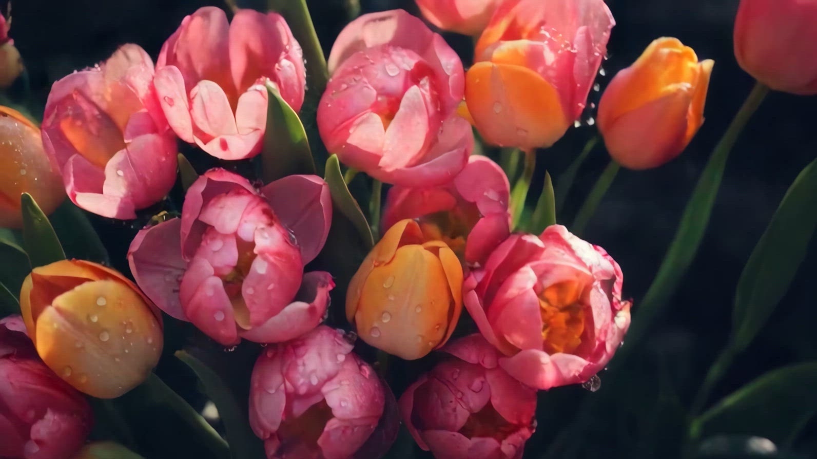 Close-up of vibrant pink and orange tulips with water droplets