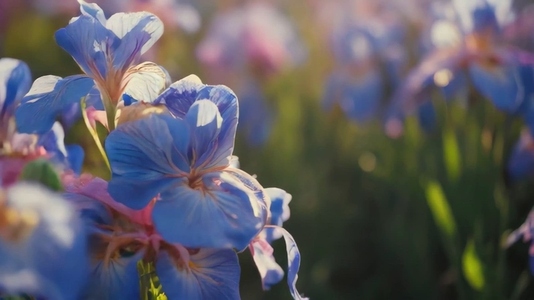Close up of vibrant blue irises in a sunlit garden
