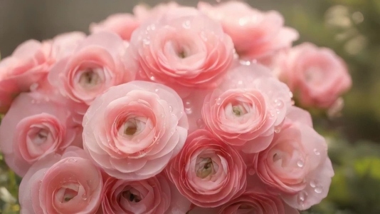 Close up of pink ranunculus flowers with water droplets on petal