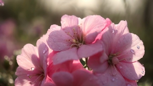 Close up of pink flowers with water droplets in soft sunlight