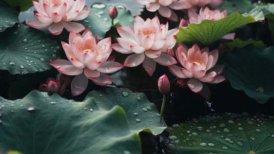 Close up of lotus leaves with water droplets and pink lotus flow