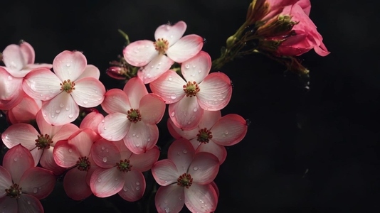 Close up of pink and white dogwood flowers with water droplets