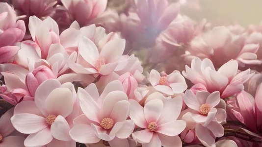 Close up of blooming pink magnolia flowers with soft lighting