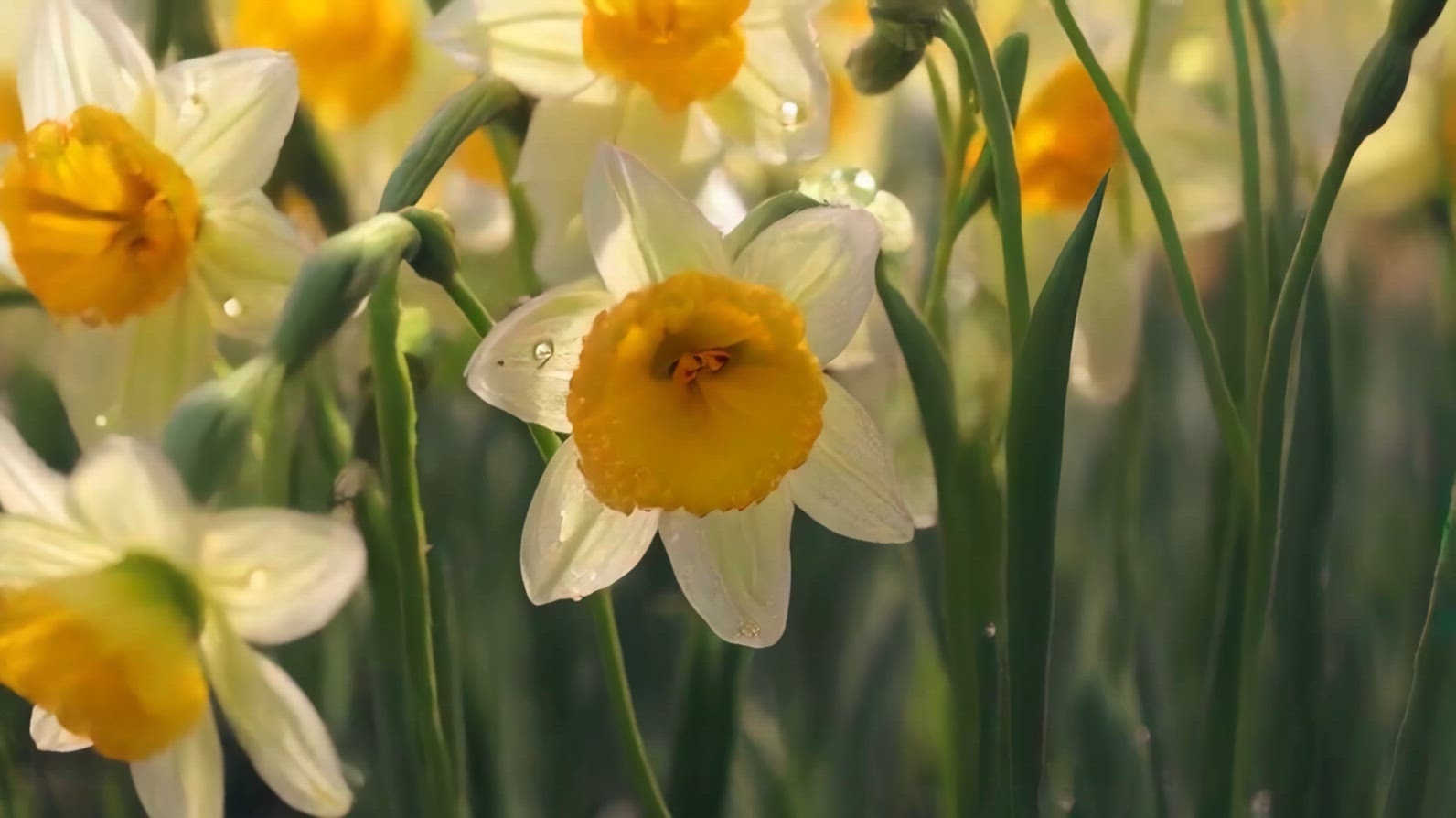 Close-up of blooming daffodils with yellow centers.