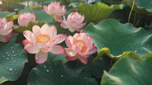 Pink lotus flowers with green leaves and water droplets in pond