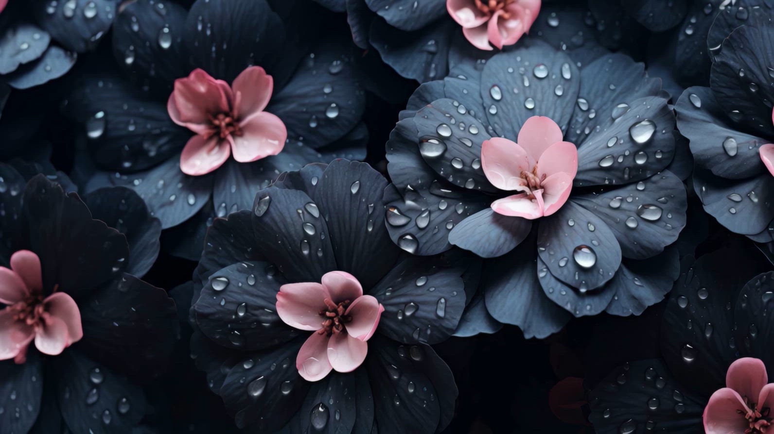 Dark carnation flowers with pink centers covered water droplets