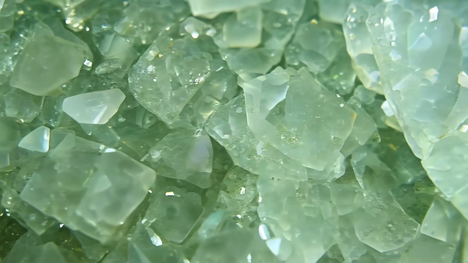 Close-up view of green prehnite crystalline mineral formations