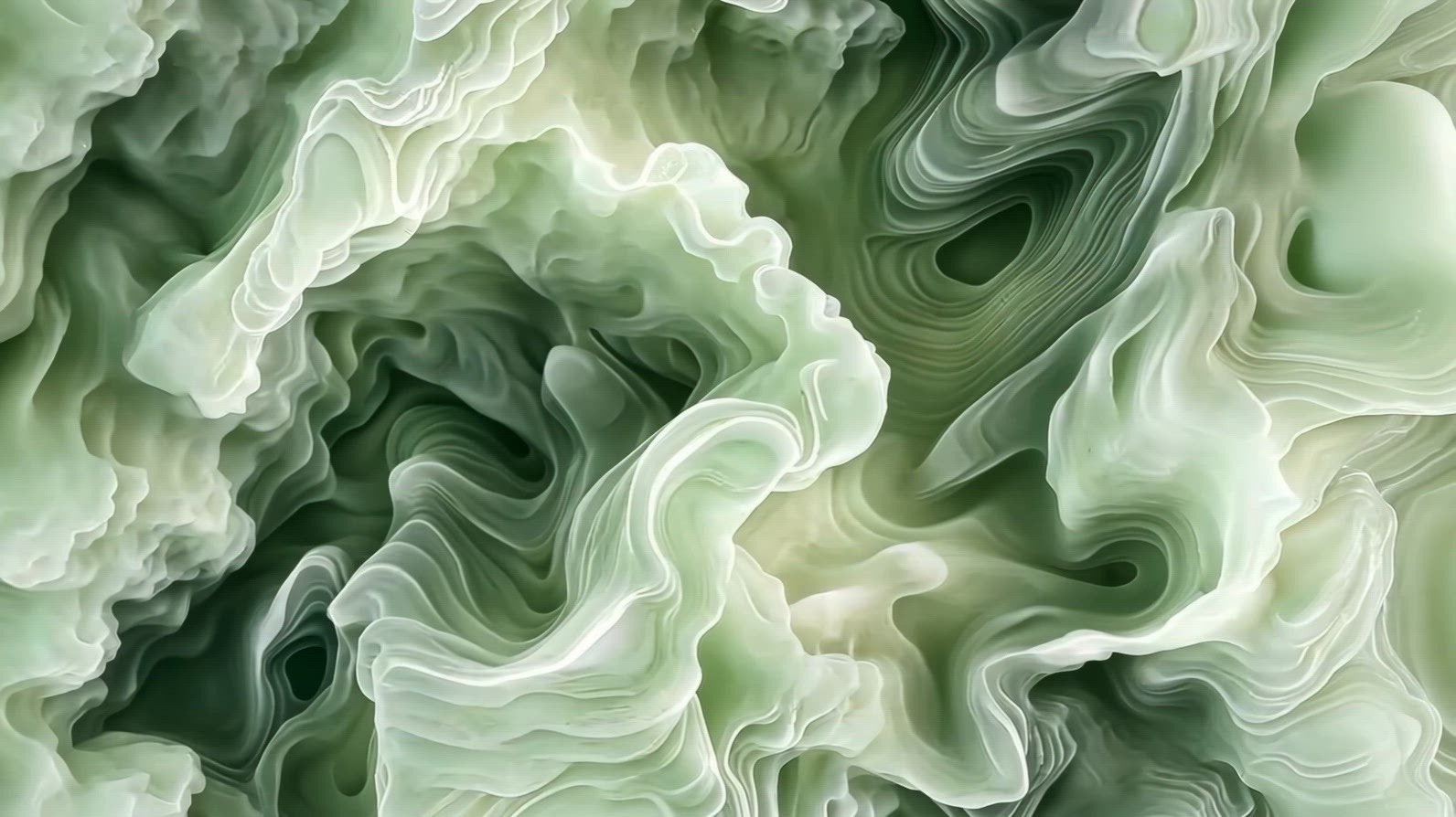 An abstract close-up of flowing green and white organic prehnite