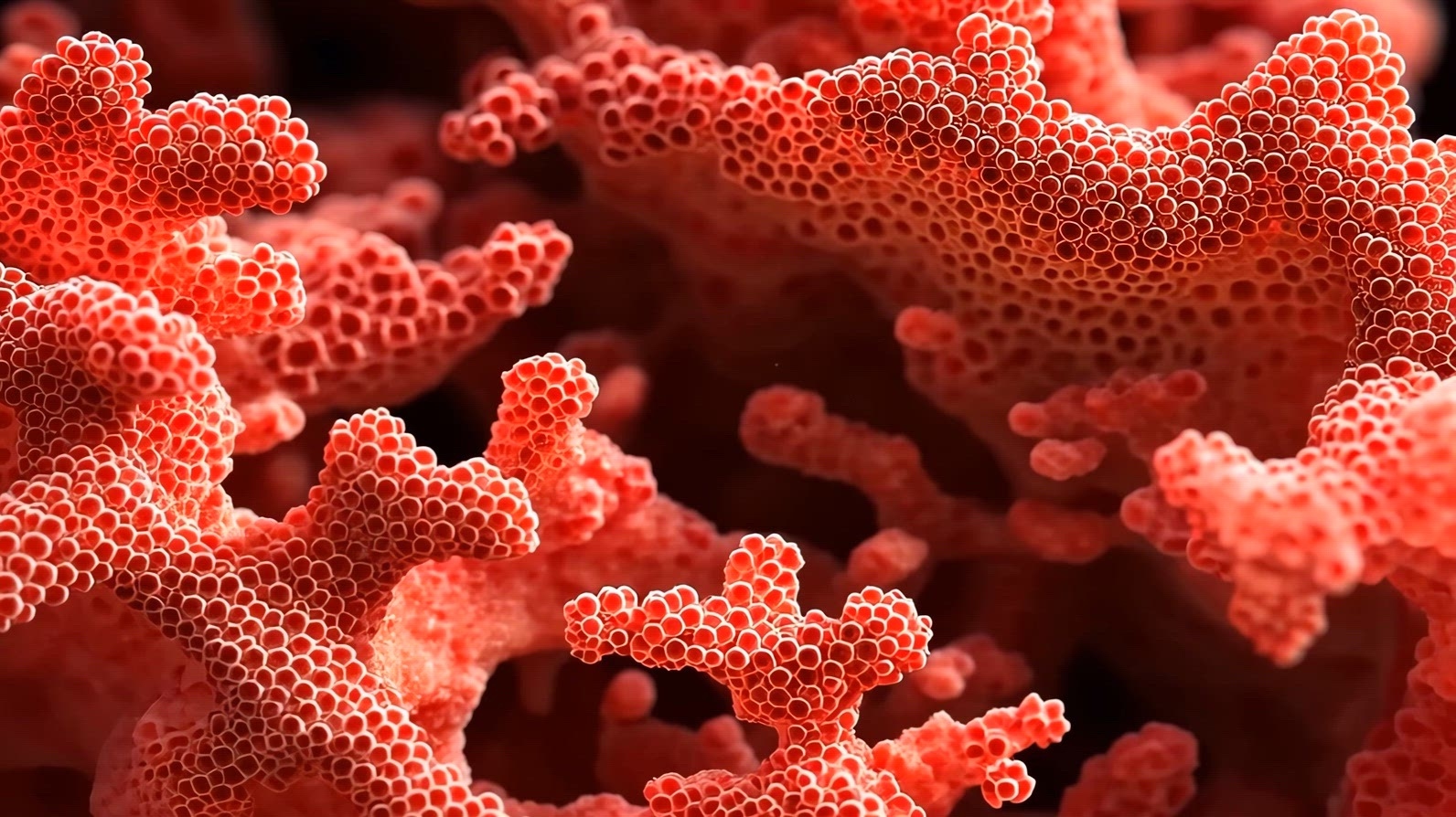Close-up view of vibrant red coral structures