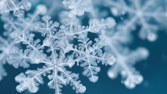 Close up of delicate snowflakes on a blue background