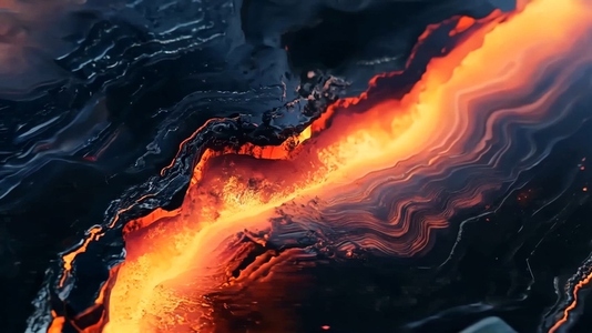 A close up view of molten lava flowing through dark