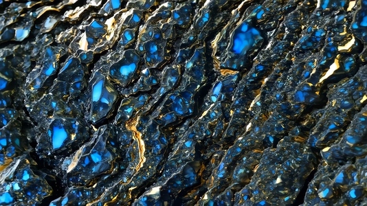 A close up view of a textured surface featuring shimmering blue